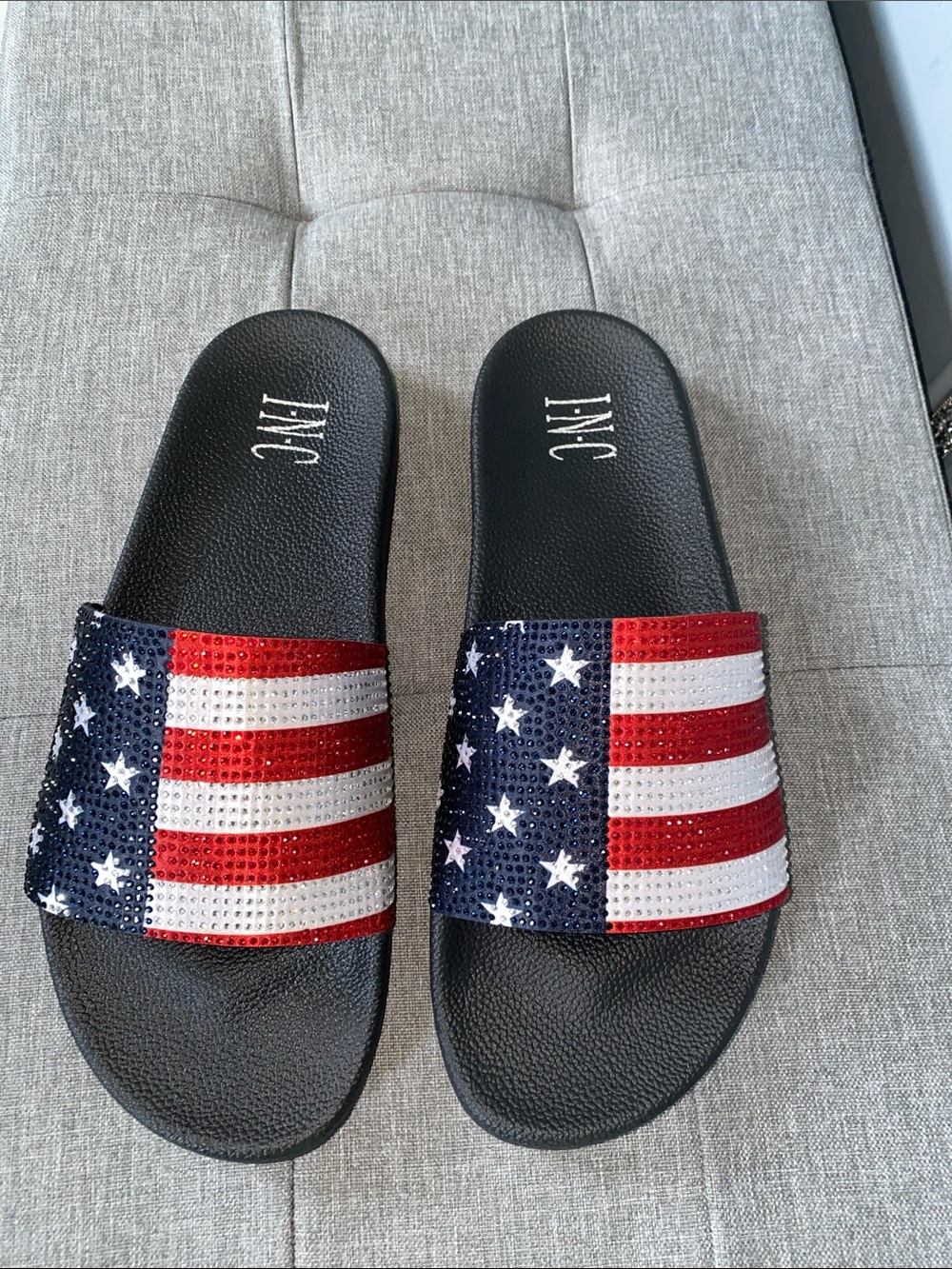 INC International Concepts Black Americana Sequin Slide Sandals